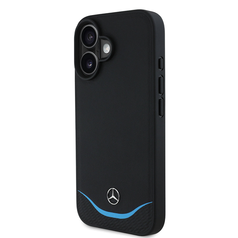 Mercedes Benz iPhone 16 Orjinal Lisanslı 3D Metal Logolu Mavi Yatay Eğri Çizgili Deri M-safe Kılıf Mercedes Benz iPhone 16 Orjinal Lisanslı 3D Metal Logolu Mavi Yatay Eğri Çizgili Deri M-safe Kılıf